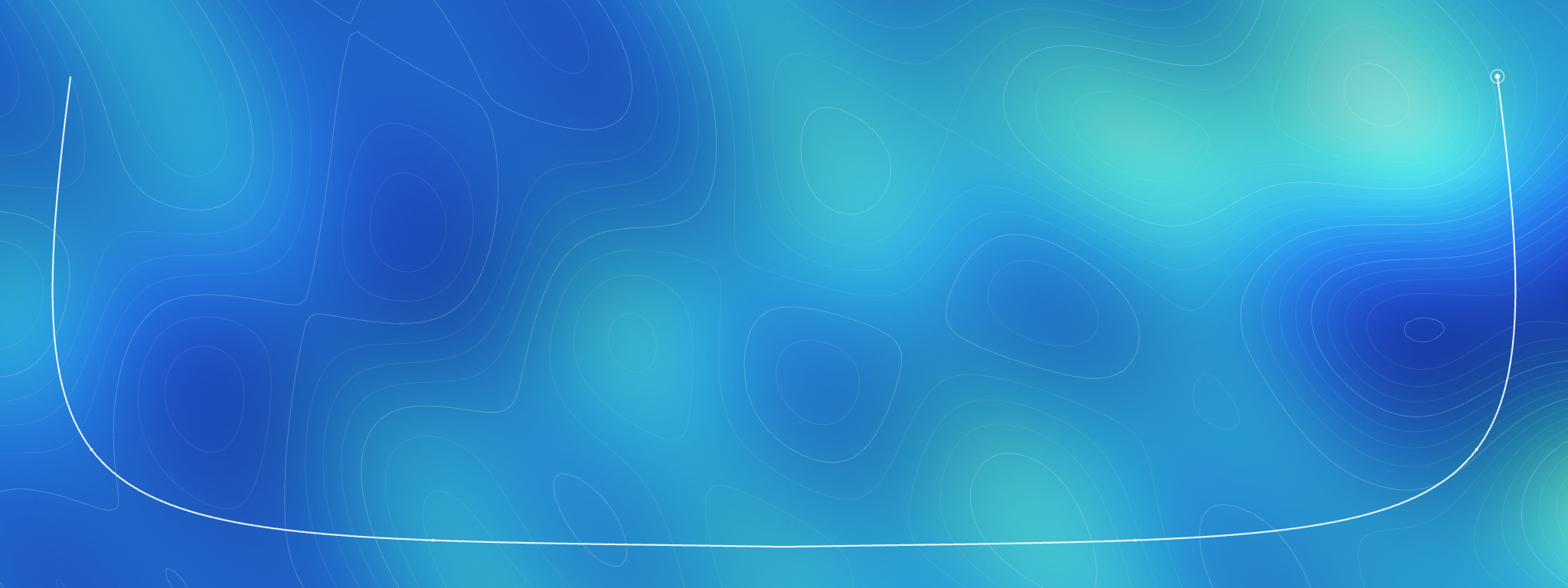 Scientific discovery illustration: an exploration path extends across blue and cyan potential-energy terrain, following the sides and lower edge.