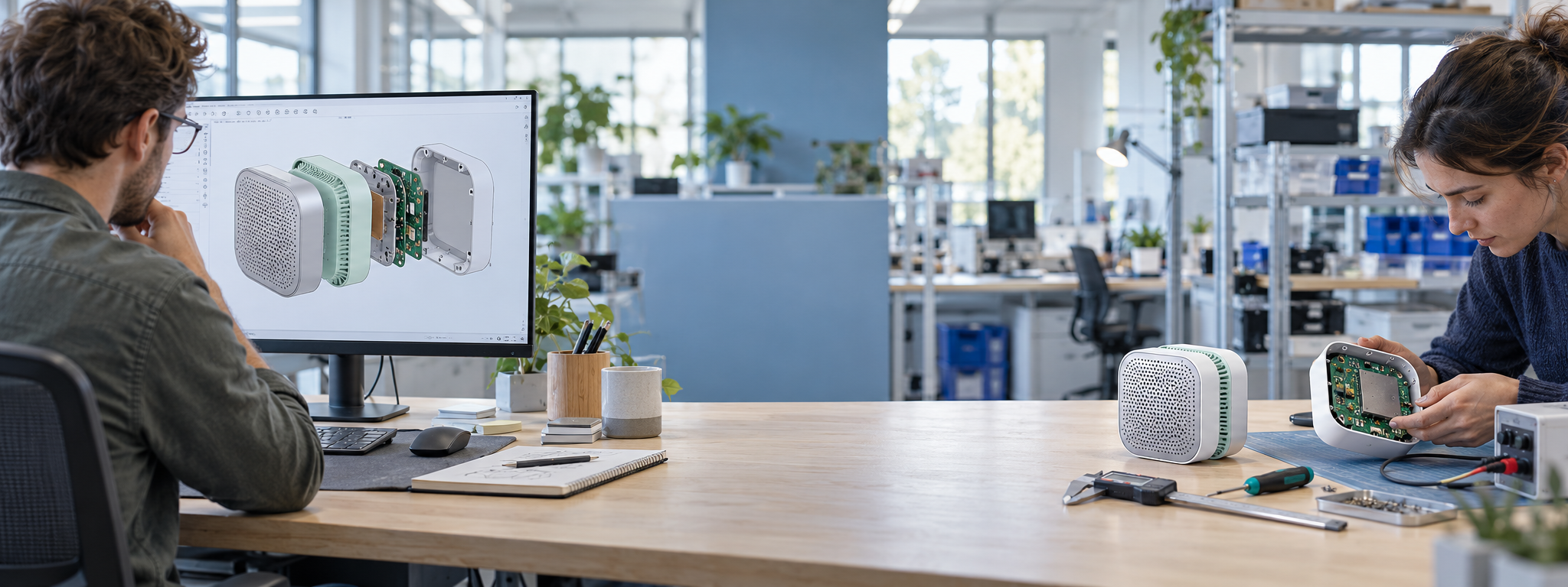 AI-generated illustrative scene: engineers compare a CAD design with an environmental sensor prototype and circuit board on a bright workbench.