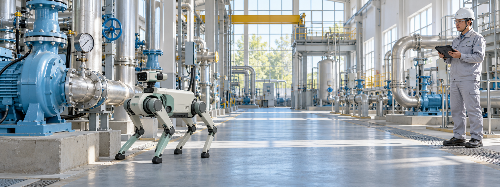 AI-generated illustrative scene: an inspection robot and an engineer with a tablet check pipes, valves and pump equipment in an industrial utility hall.